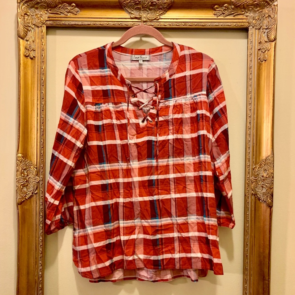 red/pink plaid top with lace up front